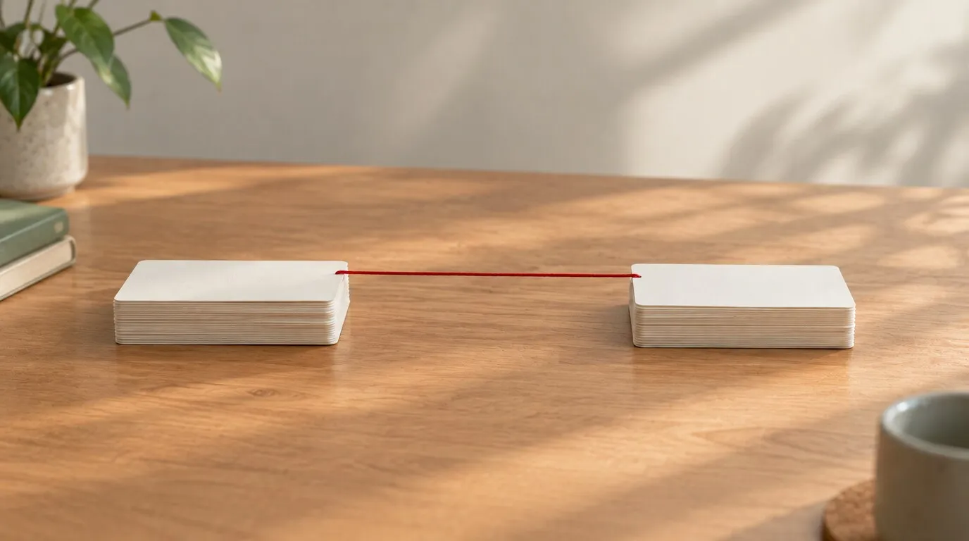 Two stacks of plain white index cards on a wooden desk, joined by a single red thread running from the top card of one to the top card of the other