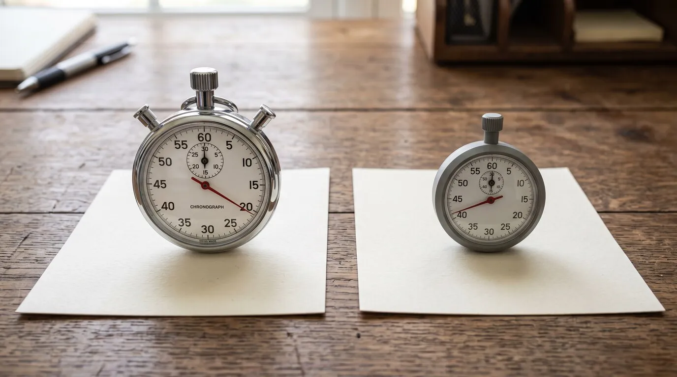 Two stopwatches on separate sheets of paper on a wooden desk, a large chrome one with a red hand beside a smaller grey one